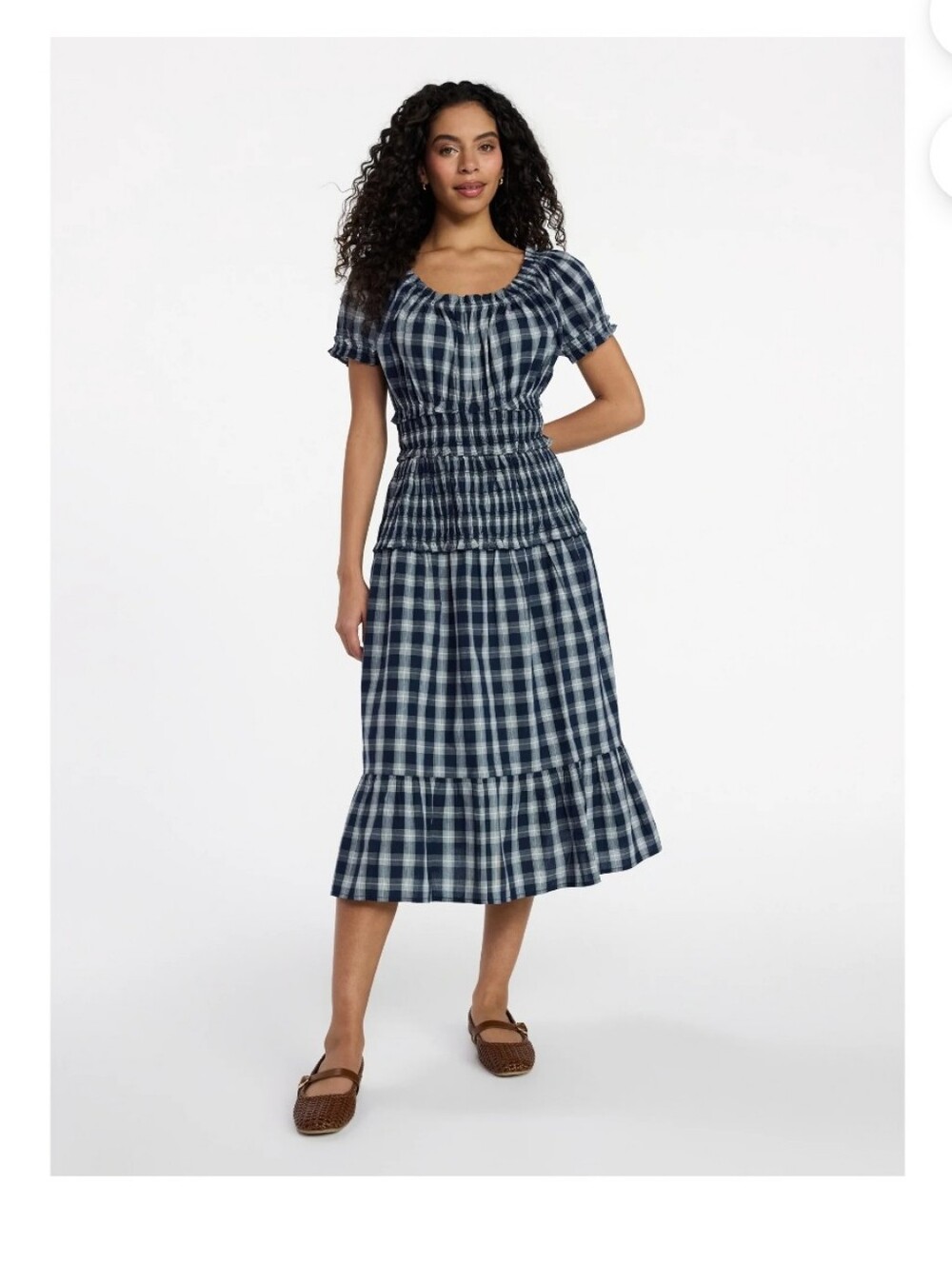 Blue Plaid Smocked Midi Dress PLUS SIZES AVAIL - Picture 2 of 5